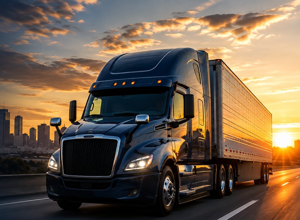 RBURG Services tractor-trailer running an interstate at sunset