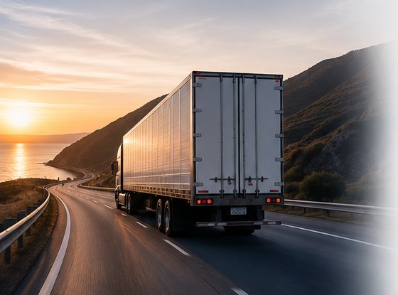 RBURG trailer running a coastal highway at sunset
