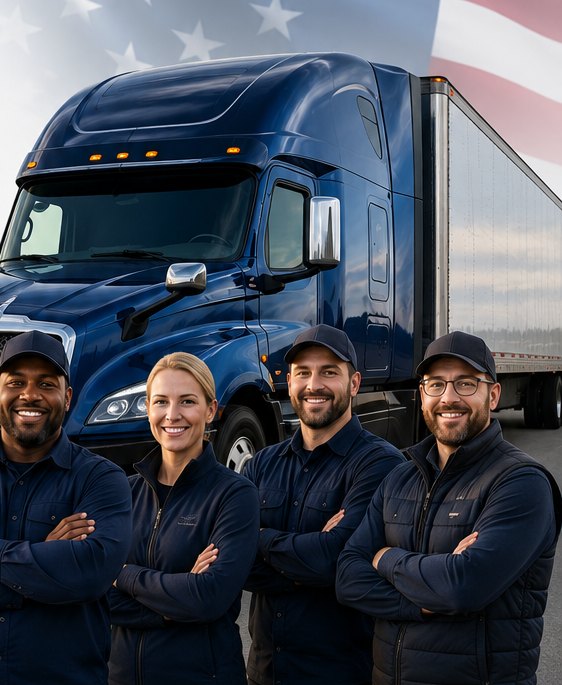 RBURG Services drivers standing in front of a navy tractor-trailer
